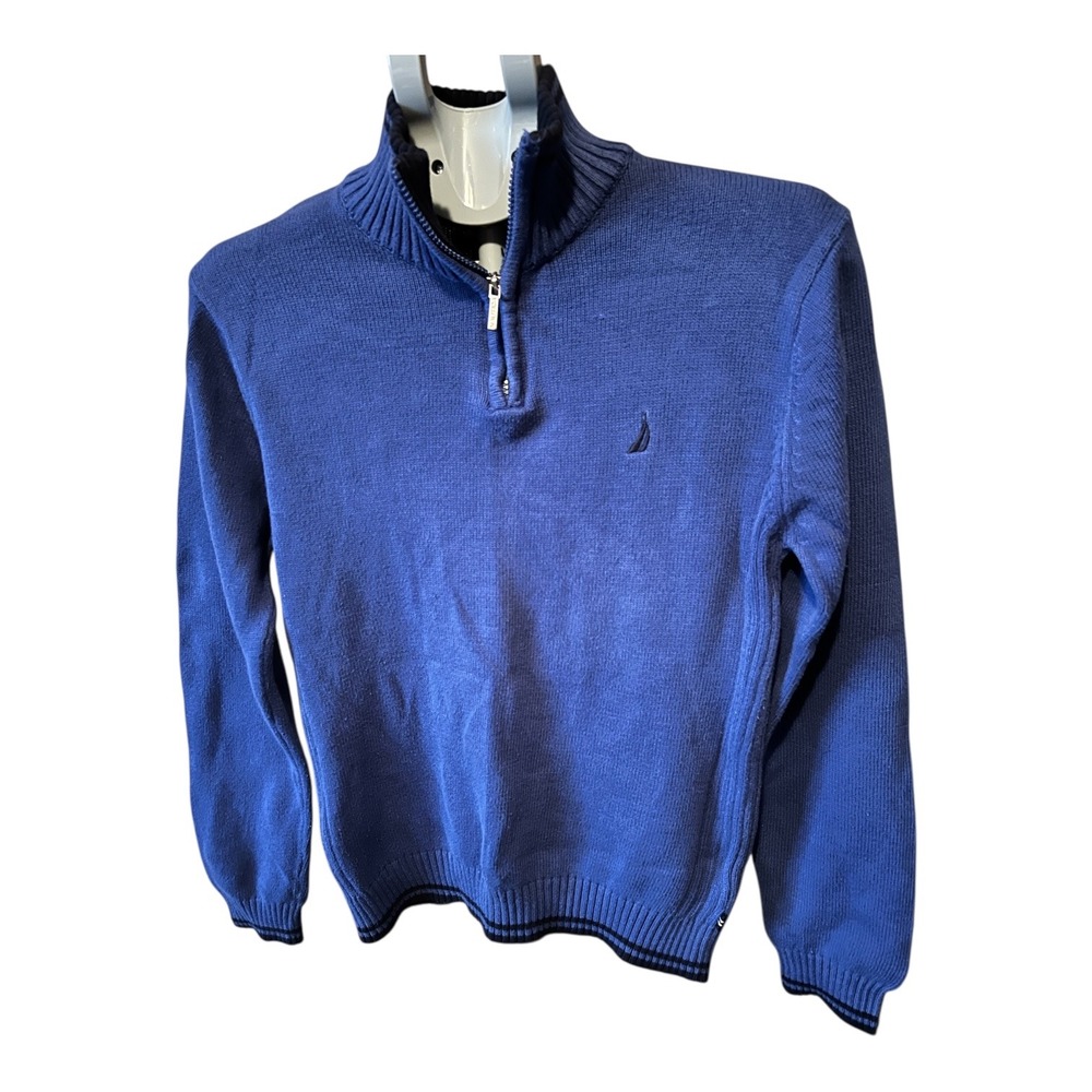 Nautica Kids Blue Quarter Zip Knit Sweater‎ Nautical Logo Size L 14/16